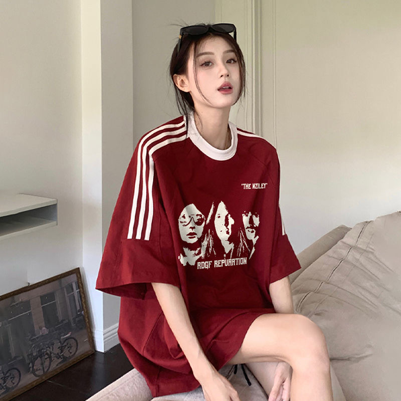 國潮牌撞色三條槓短袖t恤女夏季設計感小眾純棉寬鬆慵懶圓領上衣