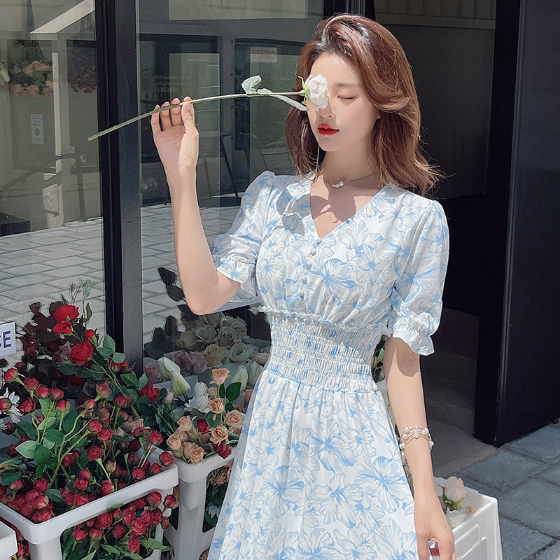 中長款夏季泡泡袖高腰雪紡連衣裙法式森系甜美V領紐扣鬆緊腰長裙