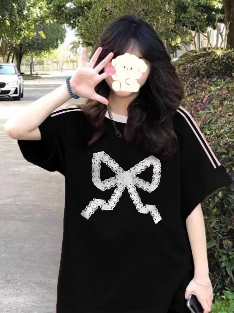 純棉200克21支精梳精密直播品質前 印花三條槓落肩短袖t恤女
