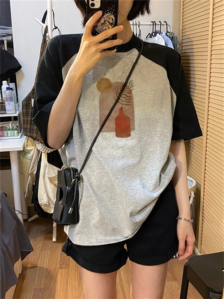 美式插肩短袖t恤女設計感寬鬆百搭小眾正肩上衣