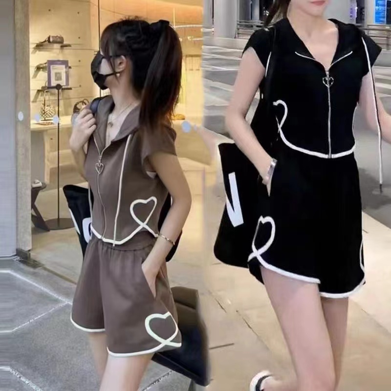 愛心連帽無袖上衣高腰短褲套裝女夏季新款百搭休閒運動服兩件套女