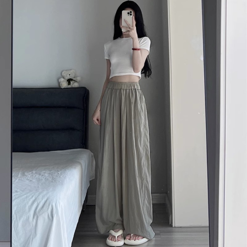 Cotton and linen wide-leg pants for women, summer thin ice silk sunscreen pants, high-waisted pleated textured loose casual Yamamoto pants