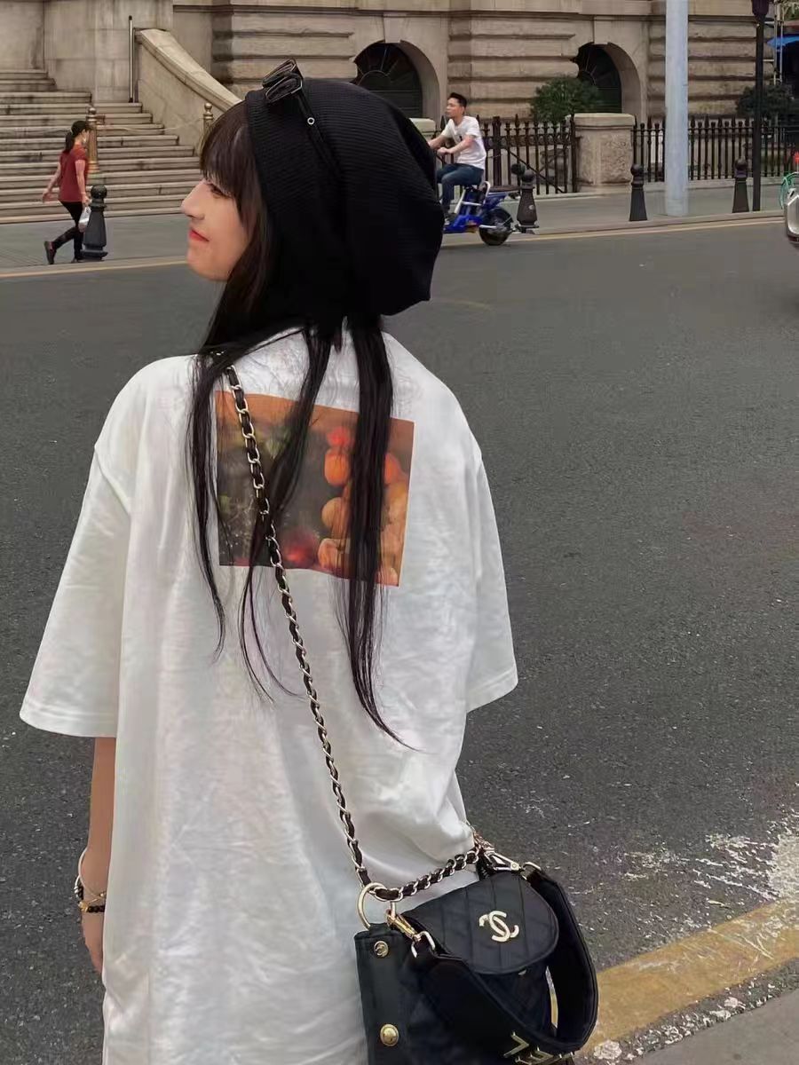 200g combed compact offspun pure cotton back strip Spring and summer loose right shoulder printed short-sleeved T-shirt