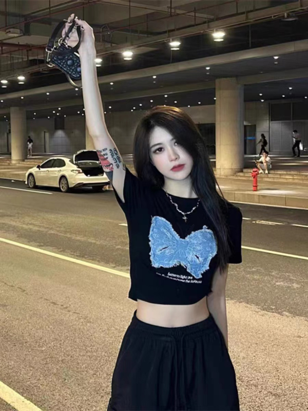 牛仔蝴蝶貼布純棉短袖夏辣妹裝純欲風短款上衣