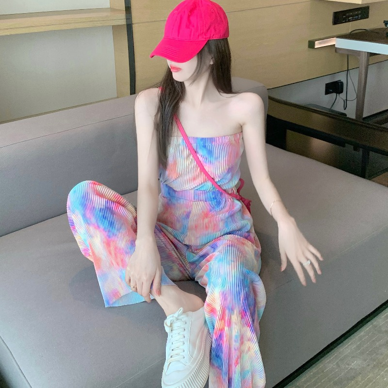 2024新款韓版時尚炫彩扎染抹胸+高腰垂感直筒褲套裝女兩件套