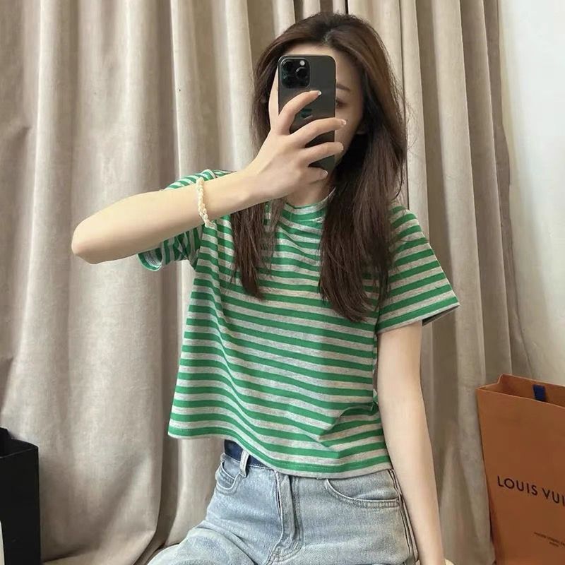 春夏韓版百搭條紋正肩修身撞色設計感短袖T恤女上衣
