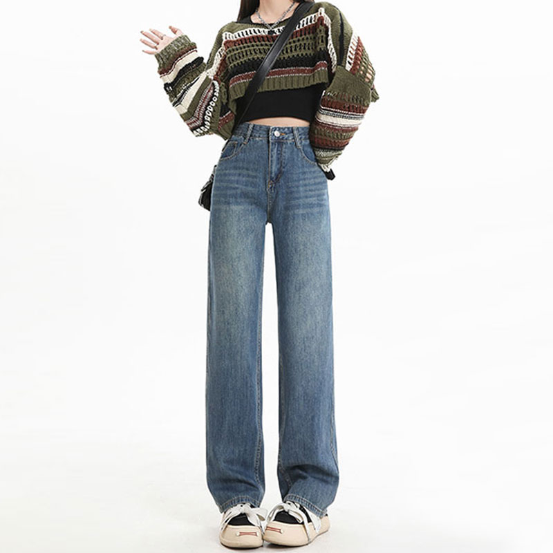 牛仔褲女窄版休閒闊腿百搭高腰拖地褲遮肉寬鬆復古直筒長褲子