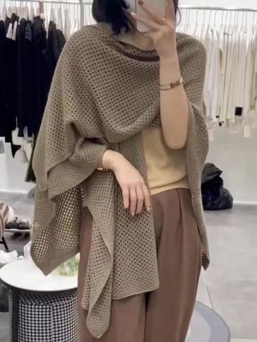 Internet celebrity cape shawl women's spring and summer solid color knitted cardigan with hollow scarf dual-purpose cape air-conditioning shirt