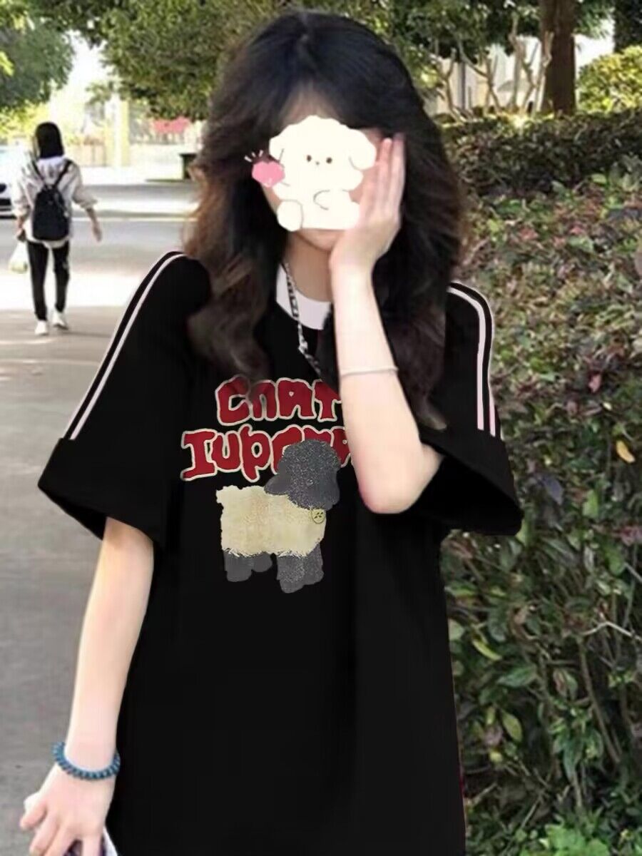 純棉200克21支精梳精密直播品質前 印花三條槓落肩短袖t恤女