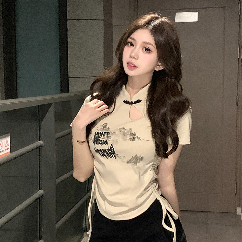 Official photo Retro Chinese style short-sleeved T-shirt for women summer drawstring design ethnic style short top