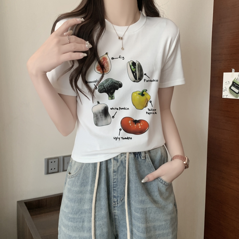 美式復古簡約新款小眾個性休閒印花常規上衣女寬鬆通勤百搭短袖女