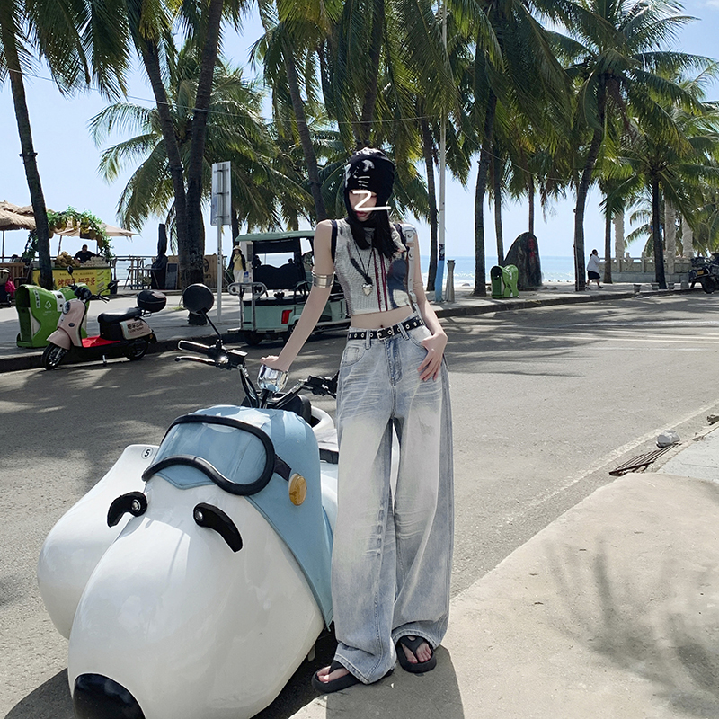 實拍~2024美式街頭做舊破敗風水洗抓痕復古磨白直筒闊腿牛仔褲ins