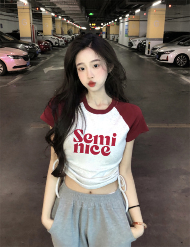 Actual shot of summer Korean style simple style design printing fashion versatile stitching drawstring short-sleeved women's T-shirt top