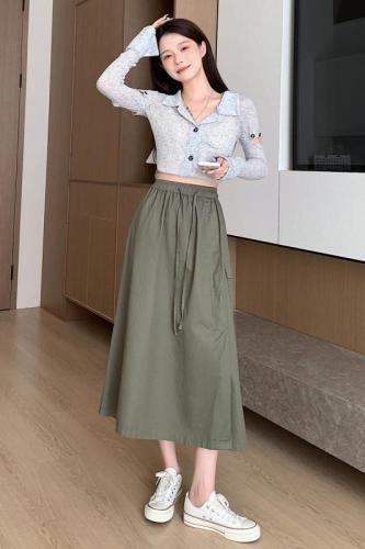 Real shot of college style Tencel cotton American retro high waist drawstring hot girl workwear skirt women's mid-length skirt