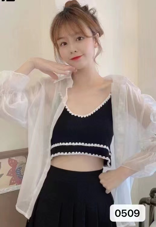 ~網紅夏季新款超仙花邊百搭撞色短款小吊帶背心女