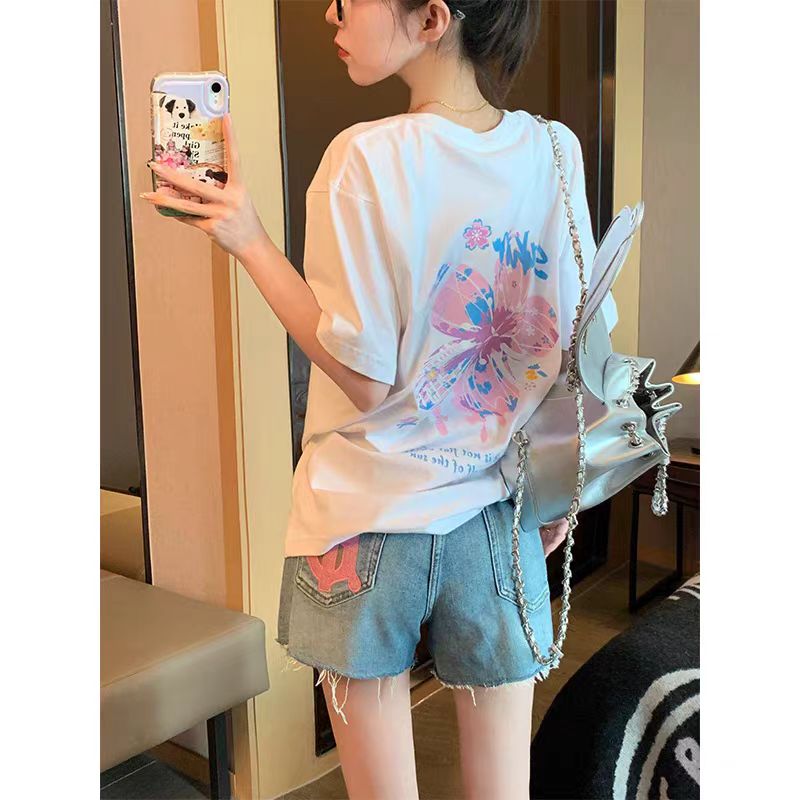 200g combed compact offspun pure cotton back strip Spring and summer loose right shoulder printed short-sleeved T-shirt