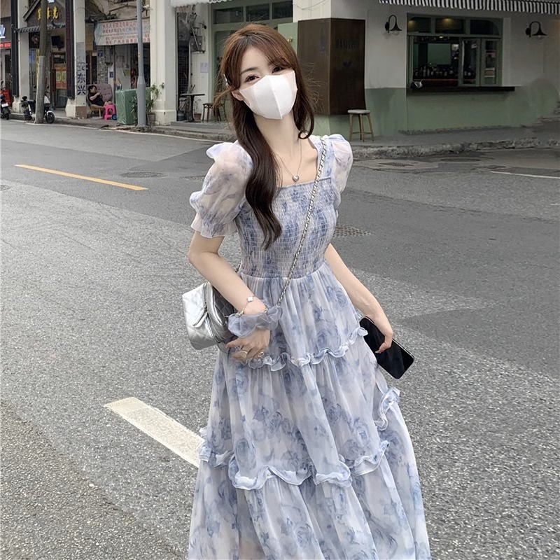 溫柔風茶歇法式桔梗長裙2024夏季氣質仙女超仙收腰方領碎花連衣裙