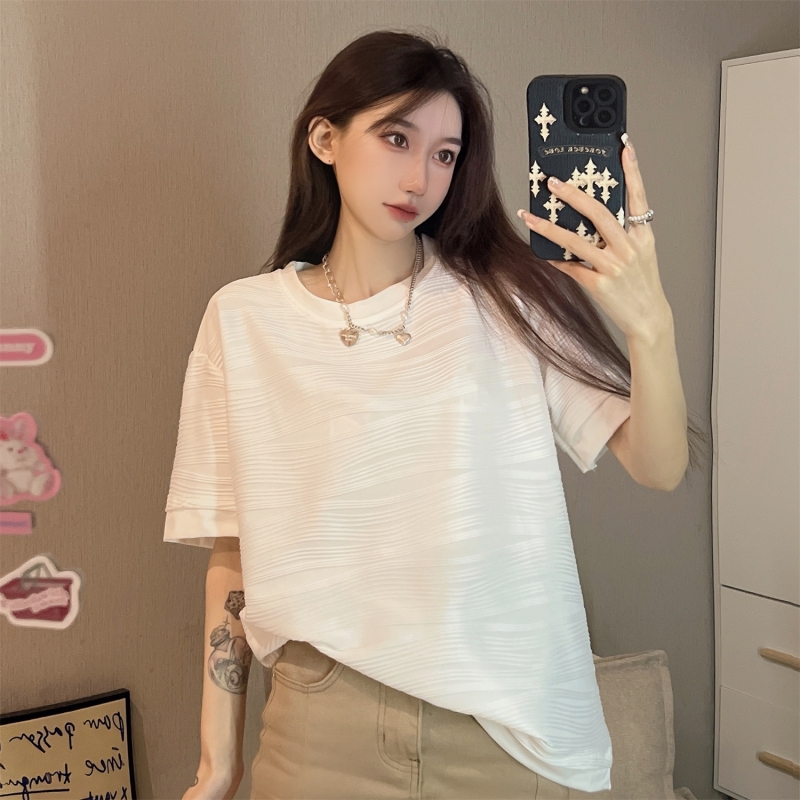 純色簡約寬鬆竹節棉圓領短袖t恤女夏季韓版時尚白色打底疊穿上衣
