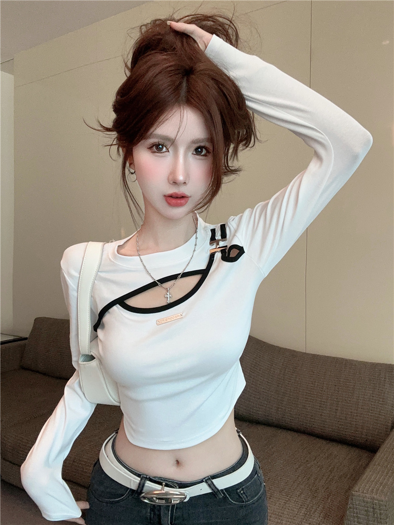實拍~美式辣妹性感鏤空長袖t恤女設計感小眾拼色假兩件上衣女