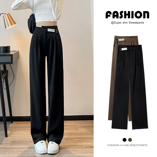 High-waisted wide-leg pants for women, spring and summer narrow version, irregular slimming, loose casual double-button straight suit pants for women