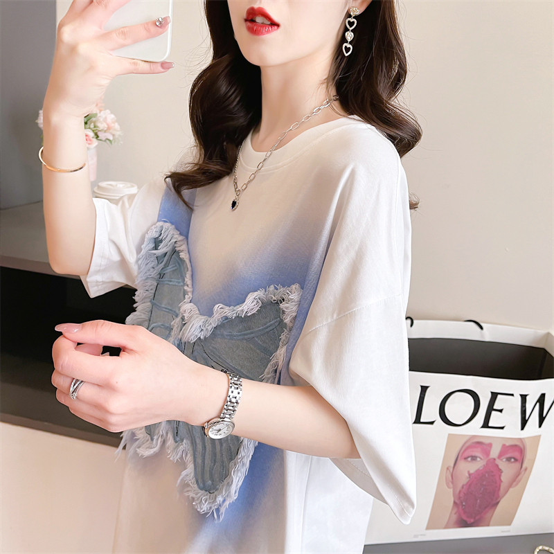 Actual shot of 2024 summer Korean style loose round neck butterfly patch mid-length large size short-sleeved T-shirt for women