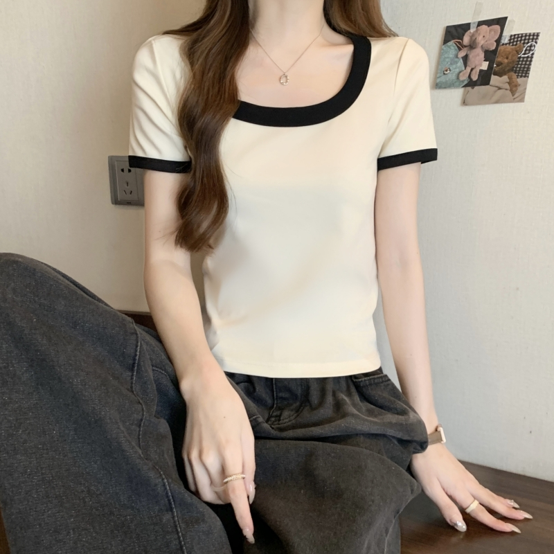 Actual shot of 40 count pure cotton short-sleeved T-shirt for women 2024 summer Korean style slimming contrasting shoulder top