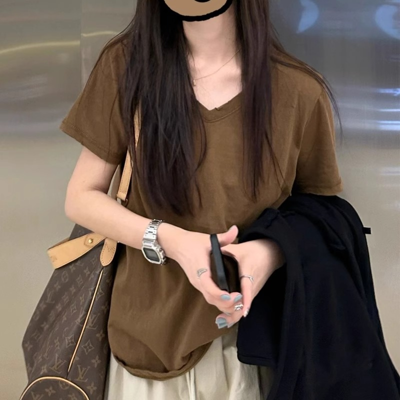 美式復古正肩V領純色短袖T恤女夏港味chic寬鬆顯瘦半袖體恤上衣服