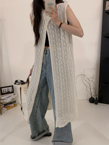 Real shot, front and back wear, hollow slit, niche layered blouse, mid-length knitted vest dress for summer