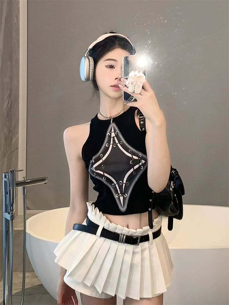 韓系復古夏季新款辣妹修身印花小眾設計感小眾上衣女氣質