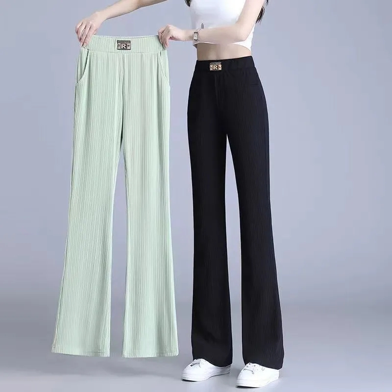 矮個子微喇褲女2024夏季新款小個子薄款鬆緊腰高腰顯瘦冰絲喇叭褲