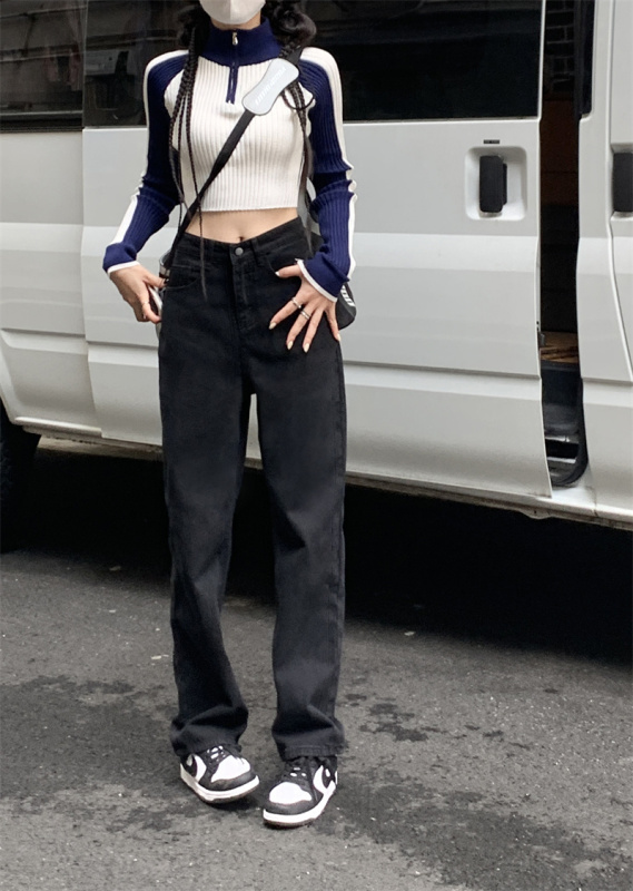 Real shot of women's straight jeans 2024 new slim high-waisted loose black cigarette pants for small people