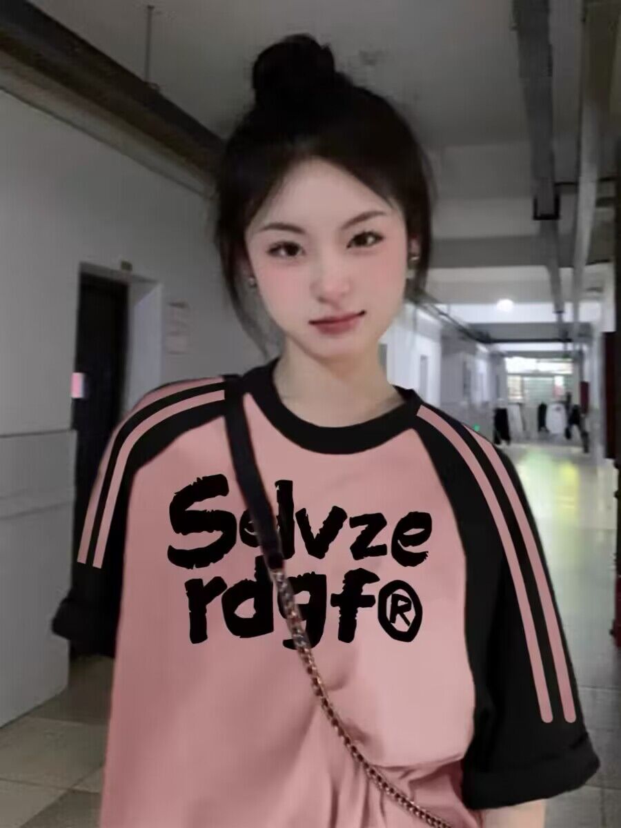 純棉200克21支精梳精密前 印花拼色三條槓落肩短袖t恤女