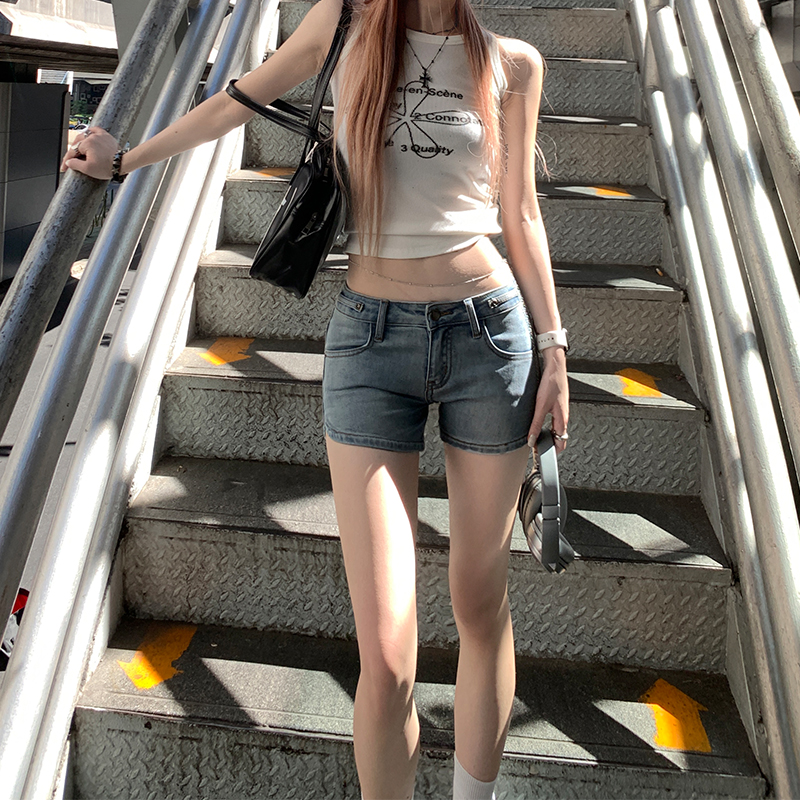 實拍bsfcore夏日百搭補習班學妹感圓弧下擺 彈力基礎水藍牛仔短褲