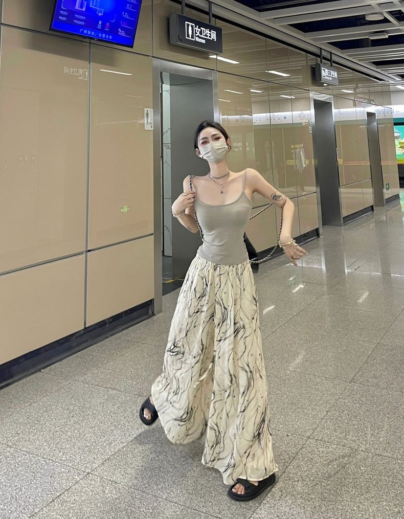 夏季薄高腰垂感水墨扎染闊腿褲女小個子新中式慵懶休閒涼涼冰絲褲