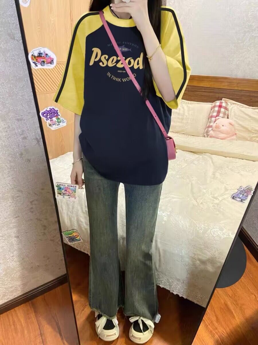 純棉200克21支精梳精密前 印花拼色三條槓落肩短袖t恤女