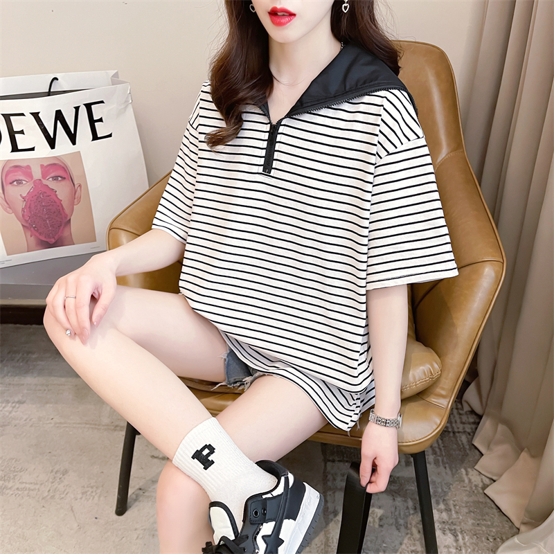 Real shot 2024 summer Korean style loose navy collar zipper stripe splicing heavy industry large size short-sleeved T-shirt for women