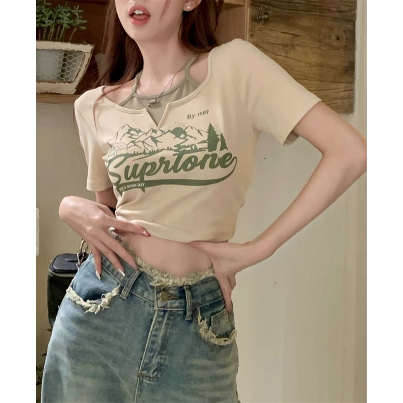 純欲風修身短上衣女夏季設計感綁帶歐美千禧辣妹美式復古正肩t恤