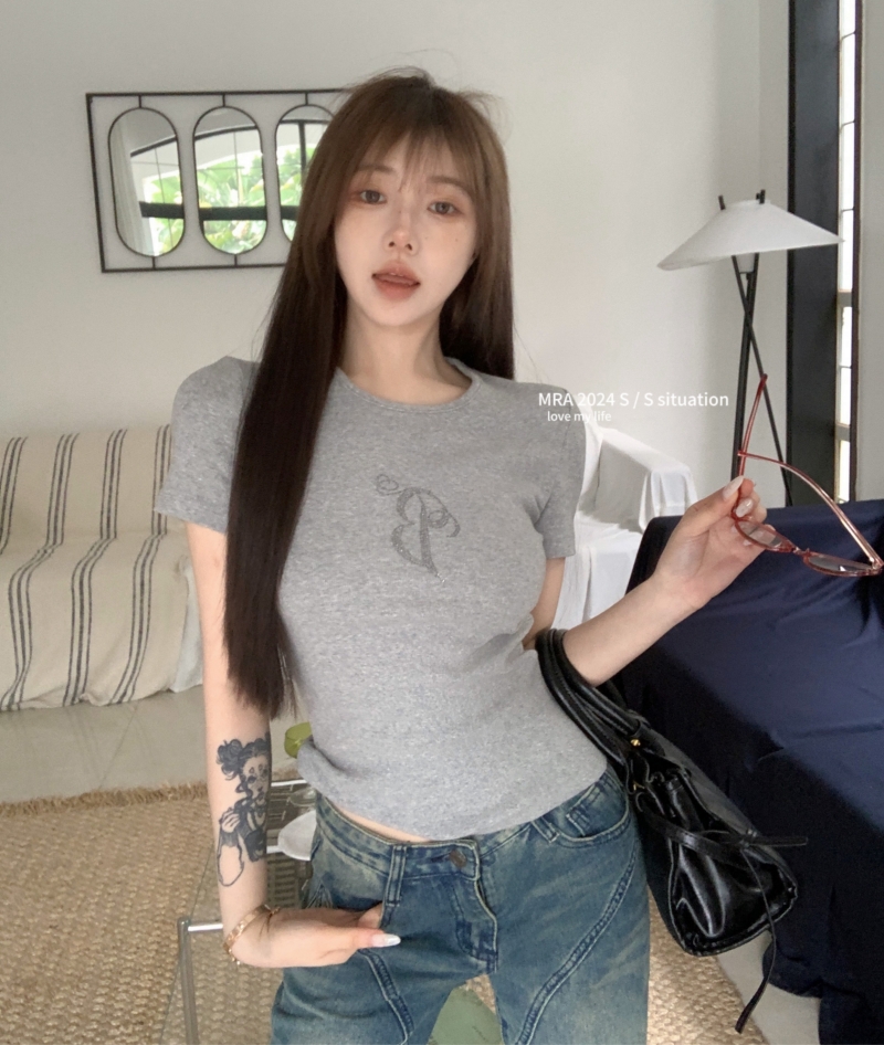 實拍天使翅膀鑽石彈力套頭圓領修身百搭顯瘦短袖T恤上衣