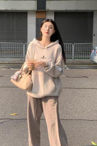 Real shot Original plus size women's clothing Lazy design Korean style casual versatile hooded sweater