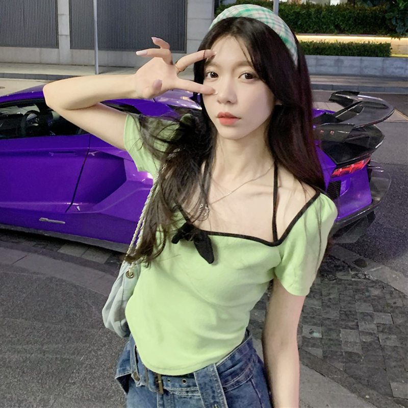 Pure desire sweet and spicy bow square neck short-sleeved T-shirt women's summer design niche short top trendy