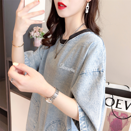 Real shot 2024 summer Korean style round neck pure cotton denim pocket simple large size short-sleeved T-shirt for women
