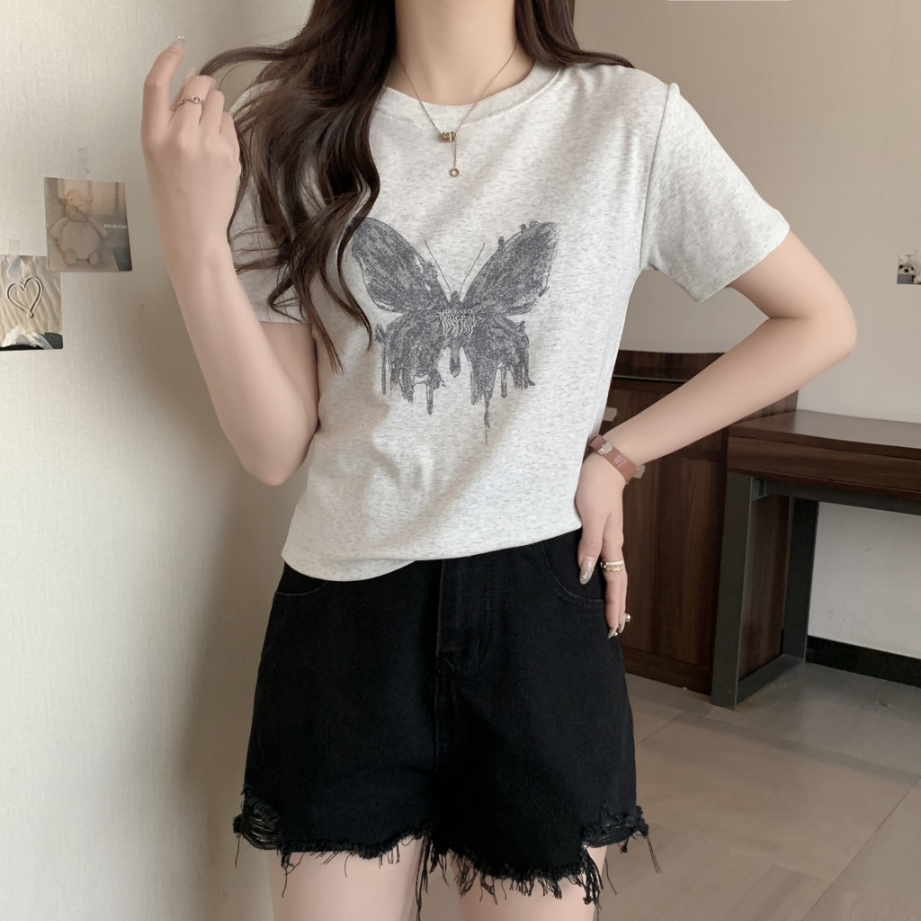 韓系灰色正肩蝴蝶設計感短袖上衣女春夏新款修身顯瘦百搭打底T恤