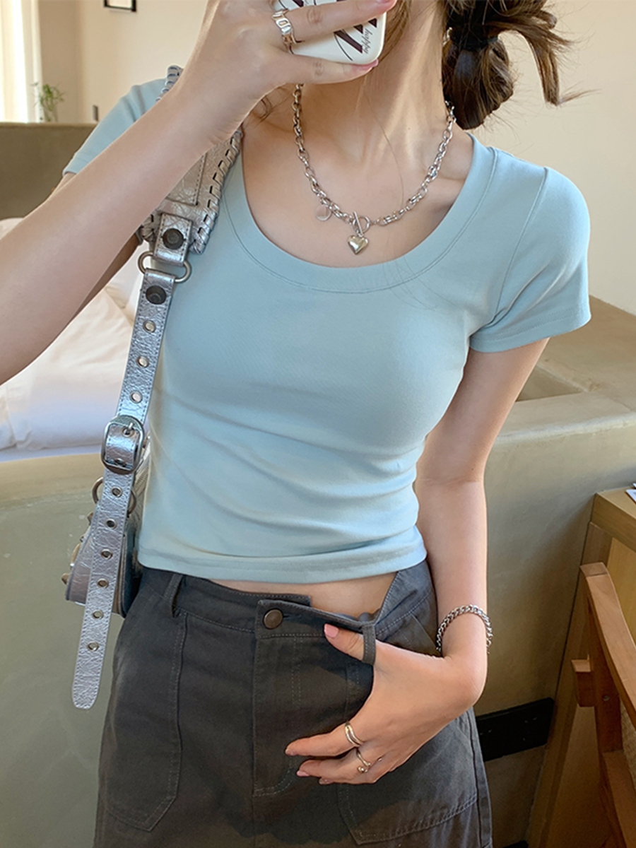正肩短袖t恤女夏季2024年新款u領設計感小眾甜辣修身藍色短款上衣