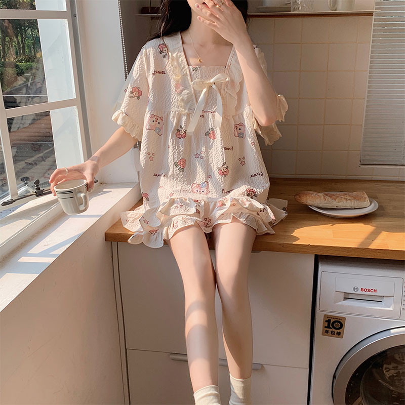 網紅睡衣女夏季2024新款皺布甜美可愛短袖家居服兩件套裝帶胸墊