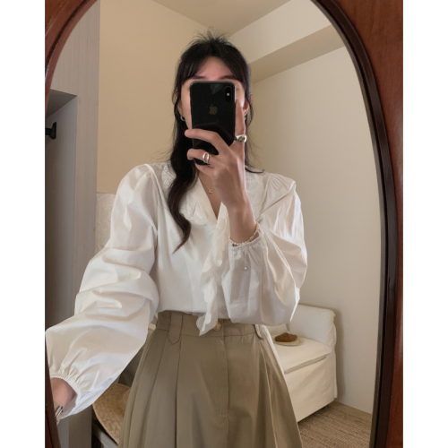 实拍  chic 韩版 气质 纯棉刺绣蕾丝花边拼接 单排扣 白衬衫