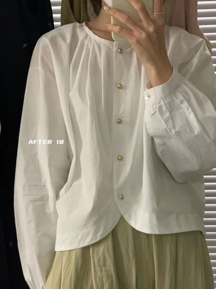 復古白色簡約甜美設計感圓領襯衫長袖襯衣春秋季新款女裝