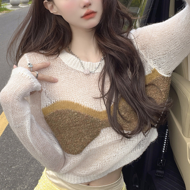 2024純欲辣妹性感短款抹胸拼接上衣女秋冬獨特别致防曬針織打底衫