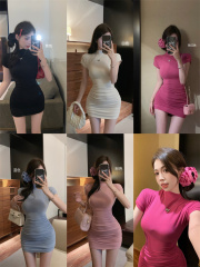 Photographed Simple and Versatile Half-Neck Short-Sleeve Bodycon Pure Desire Sexy Skirt Dress Top