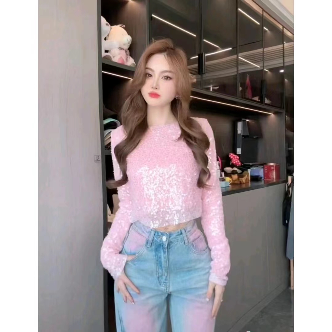 睿夕蜜桃少女亮片長袖T恤女漏臍早春新款設計感短款上衣