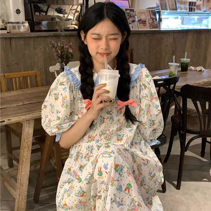 小清新娃娃領印花裙女高腰顯瘦小個子中長款過膝連衣裙